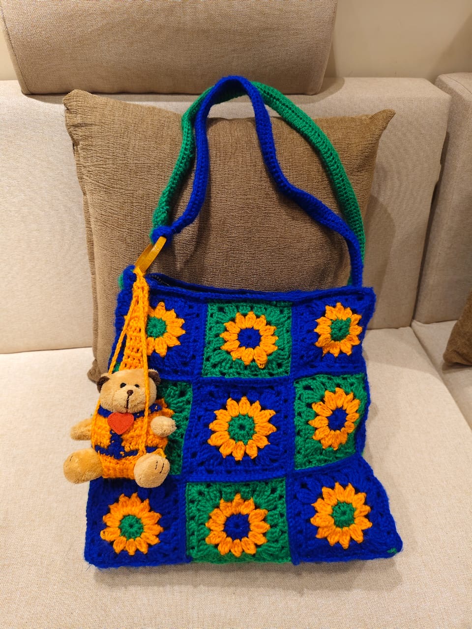 Handcrafted blue crochet handbag